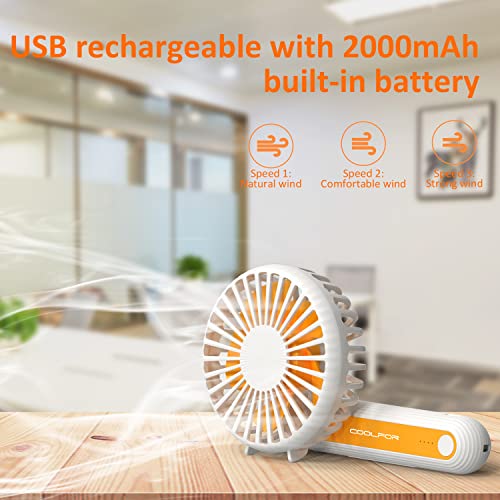 Coolfor Handheld Fan,USB Rechargeable Hand Fan with 2000mAh Battery Operated Small Fan with 3 Adjustable Speeds,180°Rotation Foldable Mini Fan for Office Desktop Picnic Shopping and Travel（White