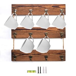 coffee mug rack, wood cup holder wall mounted with 12 hooks, rustic farmhouse mug holder, holder rack for coffee station, kitchen storage and home (retro brown)