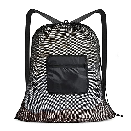 OTraki Mesh Laundry Bags with Adjustable Shoulder Straps Handle 28 x 36 inch Large Heavy Duty Laundry Backpack Drawstring Soccer Ball Bag for Gym Sports Equipment Beach College Dorm Travel Camp Black