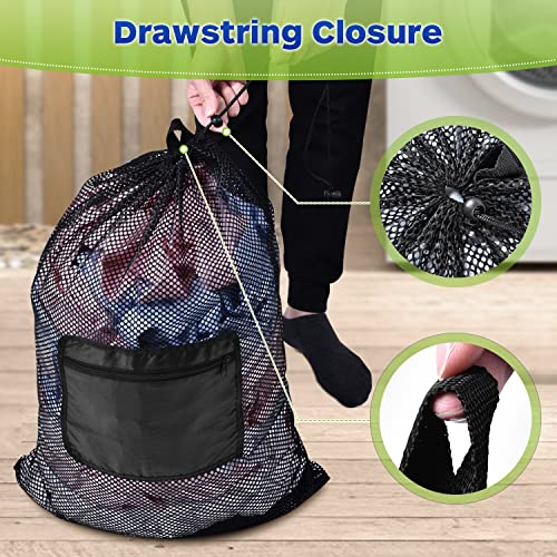 OTraki Mesh Laundry Bags with Adjustable Shoulder Straps Handle 28 x 36 inch Large Heavy Duty Laundry Backpack Drawstring Soccer Ball Bag for Gym Sports Equipment Beach College Dorm Travel Camp Black