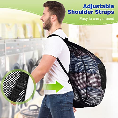 OTraki Mesh Laundry Bags with Adjustable Shoulder Straps Handle 28 x 36 inch Large Heavy Duty Laundry Backpack Drawstring Soccer Ball Bag for Gym Sports Equipment Beach College Dorm Travel Camp Black