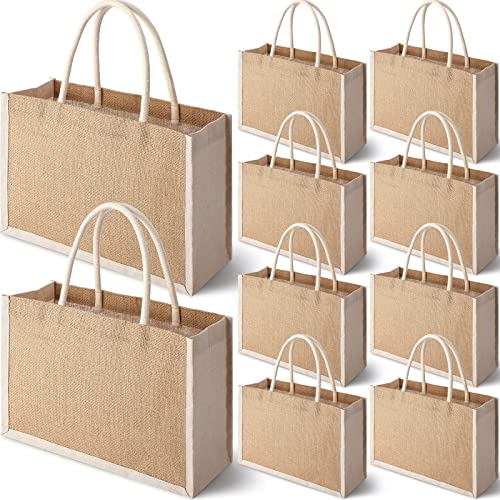 10 Pcs Small Burlap Jute Bags Jute Totes with handle Burlap Jute Gift Totes Burlap Welcome Bags for Women Bridesmaid Wedding Beach (8.66 x 6.3 x 5.12 Inch)