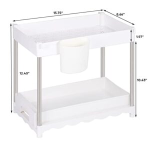 HEOMU Under Sliding Cabinet Basket Organizer, 2 Tier Bathroom Basket Organizer Under Sink Shelf Basket for Kitchen(White)