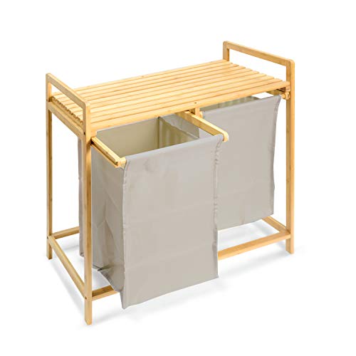 Baoz Bamboo Laundry Hamper with Shelf Freestanding Laundry Hamper 2 Section Dual Compartments Laundry Organizer with Removable Bags Space-Saving Laundry Organizer for Bathroom, Living Room, Bedroom