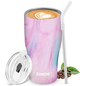 zonzhi 17oz(500ml) insulated tumbler with lids and straws & free cleaning brush, small reusable stainless steel iced coffee tumbler travel mug wine cup,keep drinks cold 6 hours,hot 3 hours - rainbow