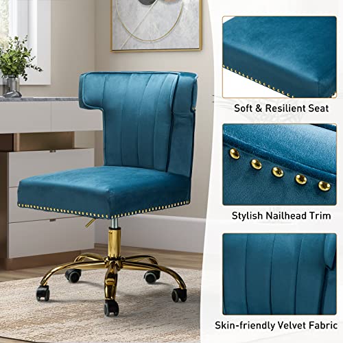 HULALA HOME Velvet Office Chair with Wingback and Decorative Nailhead, Adjustable Swivel Modern Armless Desk Chair, Cute Vanity Chair for Women (Gold Base, Navy)