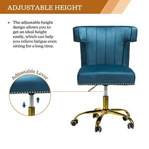 HULALA HOME Velvet Office Chair with Wingback and Decorative Nailhead, Adjustable Swivel Modern Armless Desk Chair, Cute Vanity Chair for Women (Gold Base, Navy)