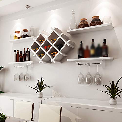 Wall Mounted Wine Rack, Modern Diamond-Shaped Set of 5 Wine Rack Wall Mounted Wooden Wine Holder Shelf Shelves and Glass Holder Rack Insert Display Rack Multifunctional Storage Shelf (White/Black)