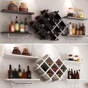 Wall Mounted Wine Rack, Modern Diamond-Shaped Set of 5 Wine Rack Wall Mounted Wooden Wine Holder Shelf Shelves and Glass Holder Rack Insert Display Rack Multifunctional Storage Shelf (White/Black)