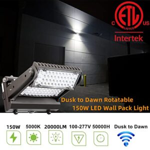 Dusk to Dawn 150W Rotatable LED Wall Pack Light, 5000K 20000LM 800-1000W HPS/HID Equiv, ETL Adjustable Head Outdoor LED Wallpack Lighting Fixture for Area Light, Parking, Garages,Warehouse,Entrance