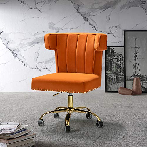 HULALA HOME Velvet Office Chair with Wingback and Decorative Nailhead, Adjustable Swivel Modern Armless Desk Chair, Cute Vanity Chair for Women (Gold Base, Orange)