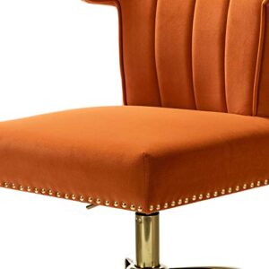 HULALA HOME Velvet Office Chair with Wingback and Decorative Nailhead, Adjustable Swivel Modern Armless Desk Chair, Cute Vanity Chair for Women (Gold Base, Orange)