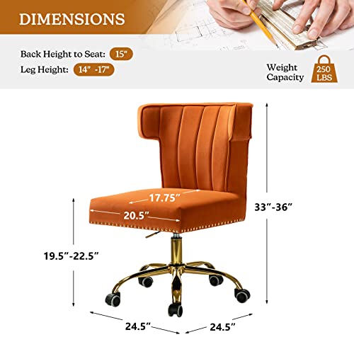 HULALA HOME Velvet Office Chair with Wingback and Decorative Nailhead, Adjustable Swivel Modern Armless Desk Chair, Cute Vanity Chair for Women (Gold Base, Orange)