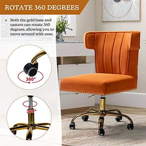 HULALA HOME Velvet Office Chair with Wingback and Decorative Nailhead, Adjustable Swivel Modern Armless Desk Chair, Cute Vanity Chair for Women (Gold Base, Orange)