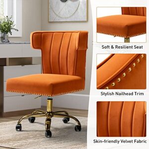 HULALA HOME Velvet Office Chair with Wingback and Decorative Nailhead, Adjustable Swivel Modern Armless Desk Chair, Cute Vanity Chair for Women (Gold Base, Orange)