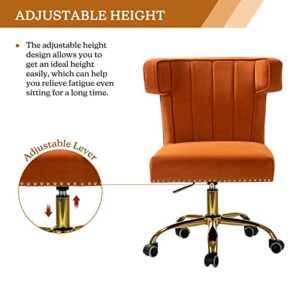 HULALA HOME Velvet Office Chair with Wingback and Decorative Nailhead, Adjustable Swivel Modern Armless Desk Chair, Cute Vanity Chair for Women (Gold Base, Orange)