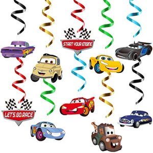 unbess 30ct race car hanging swirls decorations, racing car whirls glitter foil ceiling streamers, let’s go racing themed party decoration supplies for kids race fans birthday baby shower party favors