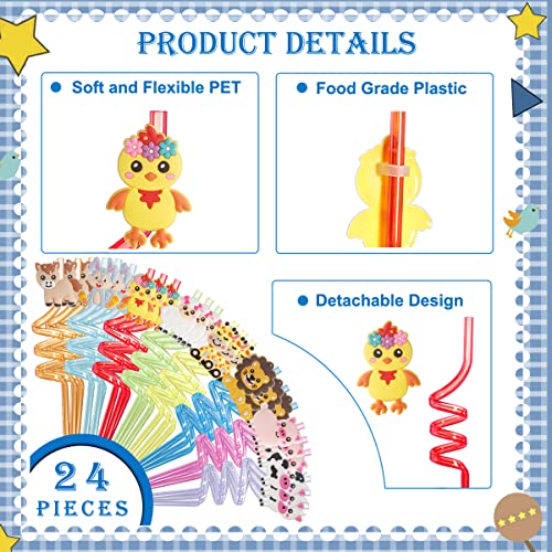 BravOne 24 PCS Farm Animal Plastic Straws, Reusable Colorful Drinking Straws with Chicken Rabbit Sheep Horse Cow Pig Lion Giraffe Pattern for Birthday Party Supplies 2 Cleaning Brushes (Farm Animal)