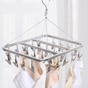 Gorffy Clothes Drying Rack with 26 Clips, Aluminum Sock Hanger Laundry Rack, Clothing Drying Rack with Windproof Hook, Sock Drying Rack Indoor & Outdoor, Underwear Hanger for Baby Clothes, Bras