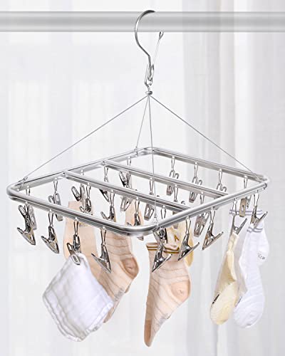 Gorffy Clothes Drying Rack with 26 Clips, Aluminum Sock Hanger Laundry Rack, Clothing Drying Rack with Windproof Hook, Sock Drying Rack Indoor & Outdoor, Underwear Hanger for Baby Clothes, Bras