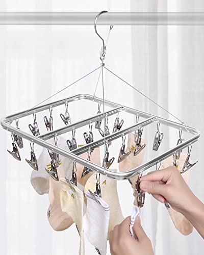 Gorffy Clothes Drying Rack with 26 Clips, Aluminum Sock Hanger Laundry Rack, Clothing Drying Rack with Windproof Hook, Sock Drying Rack Indoor & Outdoor, Underwear Hanger for Baby Clothes, Bras