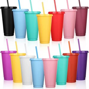 honeydak tumbler with straw and lid bulk water bottle iced coffee travel mug reusable plastic cups for parties birthdays 24-27 oz(solid color,15 pack)
