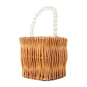 dedemco woven rattan storage basket with pearl handles,wedding flower girl baskets,straw beach bags purse wicker tote 5.9x5.5 inch