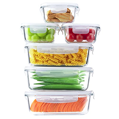 Honeystar Glass Food Storage Containers with Lids Airtight 6 Pack Meal Prep Glass Lunch Containers Leftover Storage Leak Proof BPA Free Freezer and Dishwasher Safe