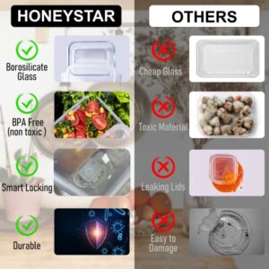 Honeystar Glass Food Storage Containers with Lids Airtight 6 Pack Meal Prep Glass Lunch Containers Leftover Storage Leak Proof BPA Free Freezer and Dishwasher Safe