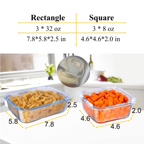 Honeystar Glass Food Storage Containers with Lids Airtight 6 Pack Meal Prep Glass Lunch Containers Leftover Storage Leak Proof BPA Free Freezer and Dishwasher Safe