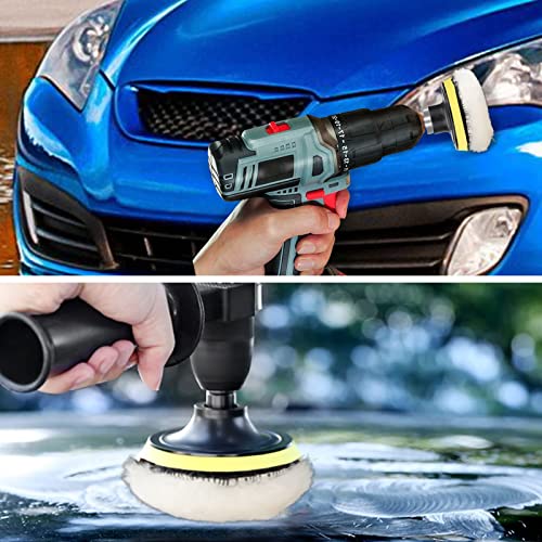 7 PCS 3 Inch Wool Polishing Buffing Pad, Polishing Buffing Wheel with Hook and Loop Back for Drill Buffer Attachment with M10 Drill Adapter Car Buffer Polisher Kit for Car Polishing, Waxing, and More