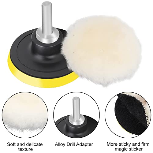 7 PCS 3 Inch Wool Polishing Buffing Pad, Polishing Buffing Wheel with Hook and Loop Back for Drill Buffer Attachment with M10 Drill Adapter Car Buffer Polisher Kit for Car Polishing, Waxing, and More