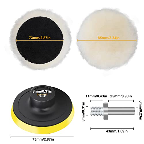 7 PCS 3 Inch Wool Polishing Buffing Pad, Polishing Buffing Wheel with Hook and Loop Back for Drill Buffer Attachment with M10 Drill Adapter Car Buffer Polisher Kit for Car Polishing, Waxing, and More