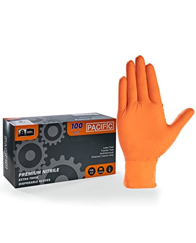 PACIFIC PPE Strength Nitrile Industrial Orange Gloves, 8 Mil, Diamond Texture Disposable Heavy-Duty, Powder Free, Large, 100 Count