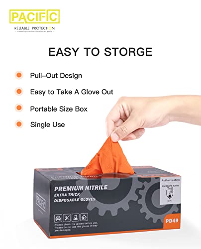 PACIFIC PPE Strength Nitrile Industrial Orange Gloves, 8 Mil, Diamond Texture Disposable Heavy-Duty, Powder Free, Large, 100 Count