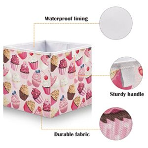 susiyo Pastel Pink Cupcakes Fabric Storage Bin Organizer 11 inch Collapsible Storage Cube for Shelf Closet