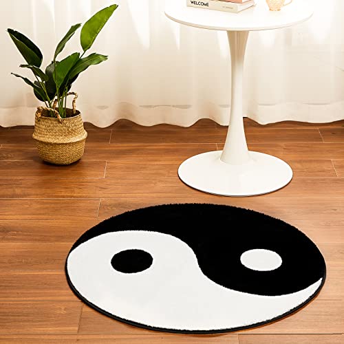 Fabbay Ying Yang Accent Rug Yin Yang Rug Circular Floor Rug Living Room Round Rugs for Bedroom Black and White Washable Rug for Home Bathroom Kitchen Supplies, 35 Inches