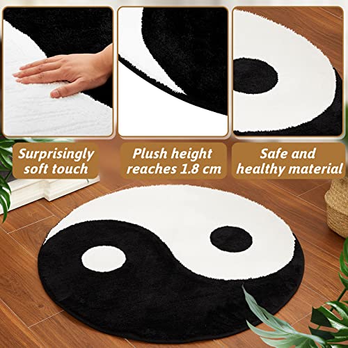 Fabbay Ying Yang Accent Rug Yin Yang Rug Circular Floor Rug Living Room Round Rugs for Bedroom Black and White Washable Rug for Home Bathroom Kitchen Supplies, 35 Inches