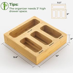 Ziplock Bag Organizer - Pantry Storage Bag Organizer for Kitchen Drawer, Natural Bamboo Organizer Compatible with Ziploc, Solimo, Glad, Hefty for Gallon, Quart, Sandwich, and Snack Variety Size Bag