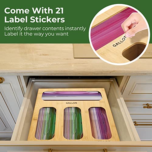 Ziplock Bag Organizer - Pantry Storage Bag Organizer for Kitchen Drawer, Natural Bamboo Organizer Compatible with Ziploc, Solimo, Glad, Hefty for Gallon, Quart, Sandwich, and Snack Variety Size Bag