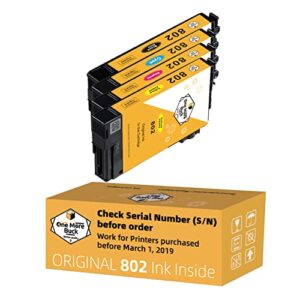 onemorebuck repackaged 802 orginal ink cartridges for 802 t802 to use with wf-4730 wf-4734 wf-4740 wf-4720 ec-4020 ec-4030, 4 colors (black, cyan, magenta, yellow)
