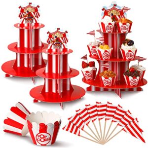 mimorou circus carnival party decorations party supplies 2 pcs 3 tier tent striped circus cupcake stands 50 pcs striped popcorn cupcake wrappers 100 pcs paper flag cupcake toppers cake insert picks