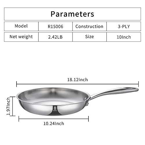 ROYDX 10inch Stainless Steel Skillet,Tri-ply Clad Non Toxic Frying Pan Oven Dishwasher Safe,Stay Cool Handle, Omelette Pan for Induction/Electric Gas Cooktops