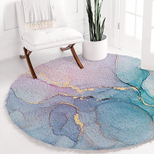 Marble Texture Area Rug Turquoise Pink Purple Watercolor and Golden Stripes Round Rug Fluffy Floor Carpet Soft Rug Ink Paint Non-Slip Throw Rug 3.3' Diameter for Living Room, Bedroom, Apartment, Sofa