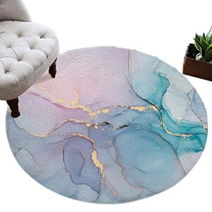 Marble Texture Area Rug Turquoise Pink Purple Watercolor and Golden Stripes Round Rug Fluffy Floor Carpet Soft Rug Ink Paint Non-Slip Throw Rug 3.3' Diameter for Living Room, Bedroom, Apartment, Sofa