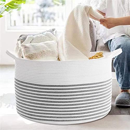 UBUL One Woven Cotton Rope Storage Basket(21.7X21.7X13.8Inch) With Handle, Blanket Basket, Shoes Basket, Toy storage, Pillow Basket, Round Basket, Towel Basket., Grey & White Stripes