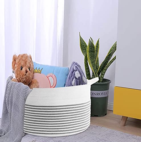 UBUL One Woven Cotton Rope Storage Basket(21.7X21.7X13.8Inch) With Handle, Blanket Basket, Shoes Basket, Toy storage, Pillow Basket, Round Basket, Towel Basket., Grey & White Stripes