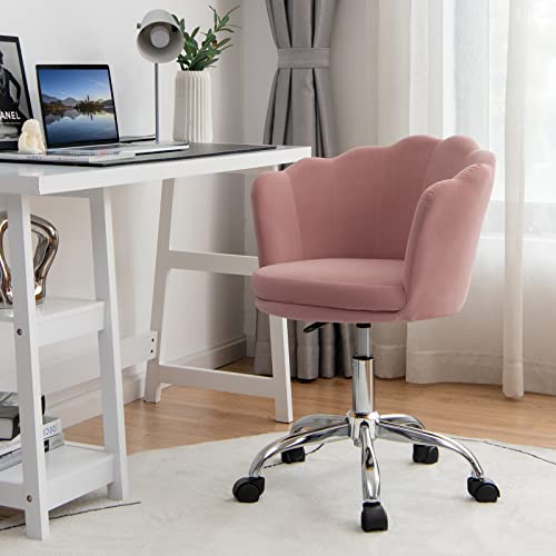 Giantex Kids Desk Chair, Comfy Home Office Task Chair with Wheels, Upholstered Velvet Seashell Back Vanity Chair, Cute Modern Computer Chair for Girls, Adjustable Swivel Rolling Arm Chair, Pink