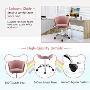 Giantex Kids Desk Chair, Comfy Home Office Task Chair with Wheels, Upholstered Velvet Seashell Back Vanity Chair, Cute Modern Computer Chair for Girls, Adjustable Swivel Rolling Arm Chair, Pink