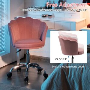 Giantex Kids Desk Chair, Comfy Home Office Task Chair with Wheels, Upholstered Velvet Seashell Back Vanity Chair, Cute Modern Computer Chair for Girls, Adjustable Swivel Rolling Arm Chair, Pink